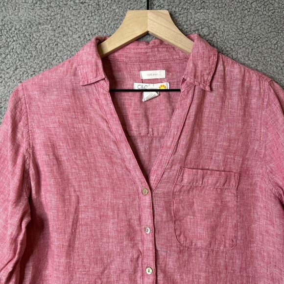 C&C CALIFORNIA Button Up Shirt Womens S Small Pink Linen V Neck Tunic Roll Tab - Picture 2 of 14